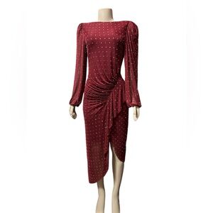 NWT Alex Marie Sz 6 Hazel Beaded Mesh Boat Neck Long Sleeve Dress Asymmetrical